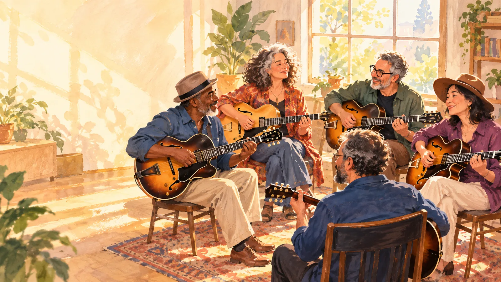 Jazz guitarists playing together in a sunlit room